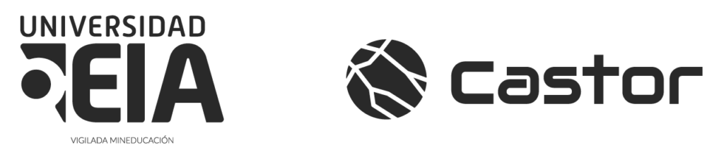 La imagen muestra los logotipos de la "Universidad EIA" y "Castor". A la izquierda, el logo de la Universidad EIA incluye un diseño estilizado y la leyenda "Vigilada Mineducación" debajo. A la derecha, el logo de Castor presenta un ícono circular con líneas que forman la constelación castor, junto al nombre en letras modernas y estilizadas. Ambos logotipos están en un esquema monocromático negro.