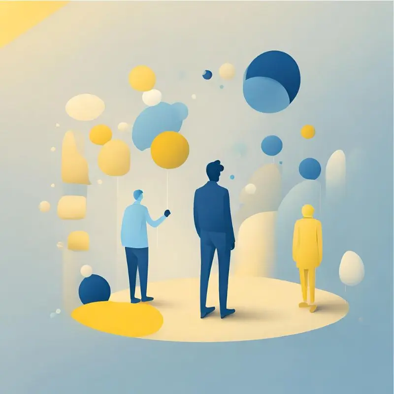 Ilustración conceptual con figuras humanas minimalistas en tonos azules y amarillos, rodeadas de formas flotantes abstractas. Representa un ambiente creativo y etéreo, con un enfoque en la interacción y la conexión en un espacio armonioso.