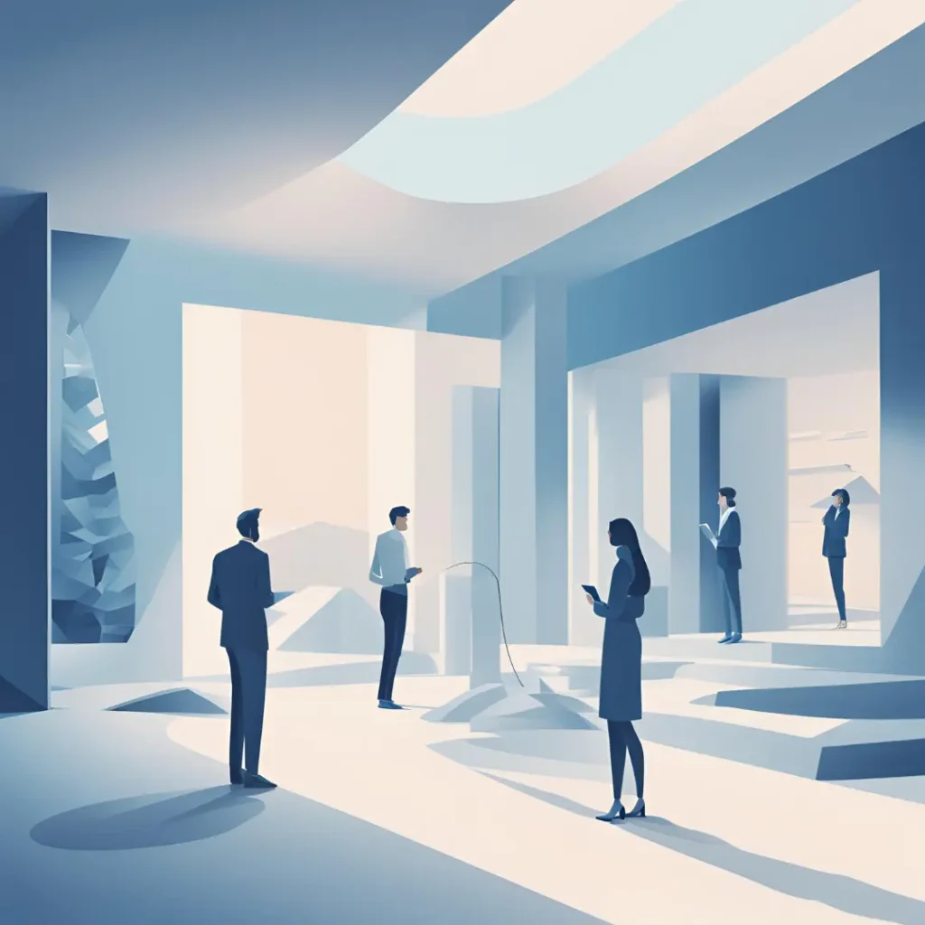 Ilustración minimalista de un espacio interior moderno, con luz natural entrando por grandes ventanales. Varias personas interactúan, algunas con dispositivos en mano, en tonos azules y blancos, simbolizando un entorno profesional y colaborativo.