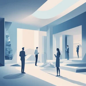 Ilustración minimalista de un espacio interior moderno, con luz natural entrando por grandes ventanales. Varias personas interactúan, algunas con dispositivos en mano, en tonos azules y blancos, simbolizando un entorno profesional y colaborativo.