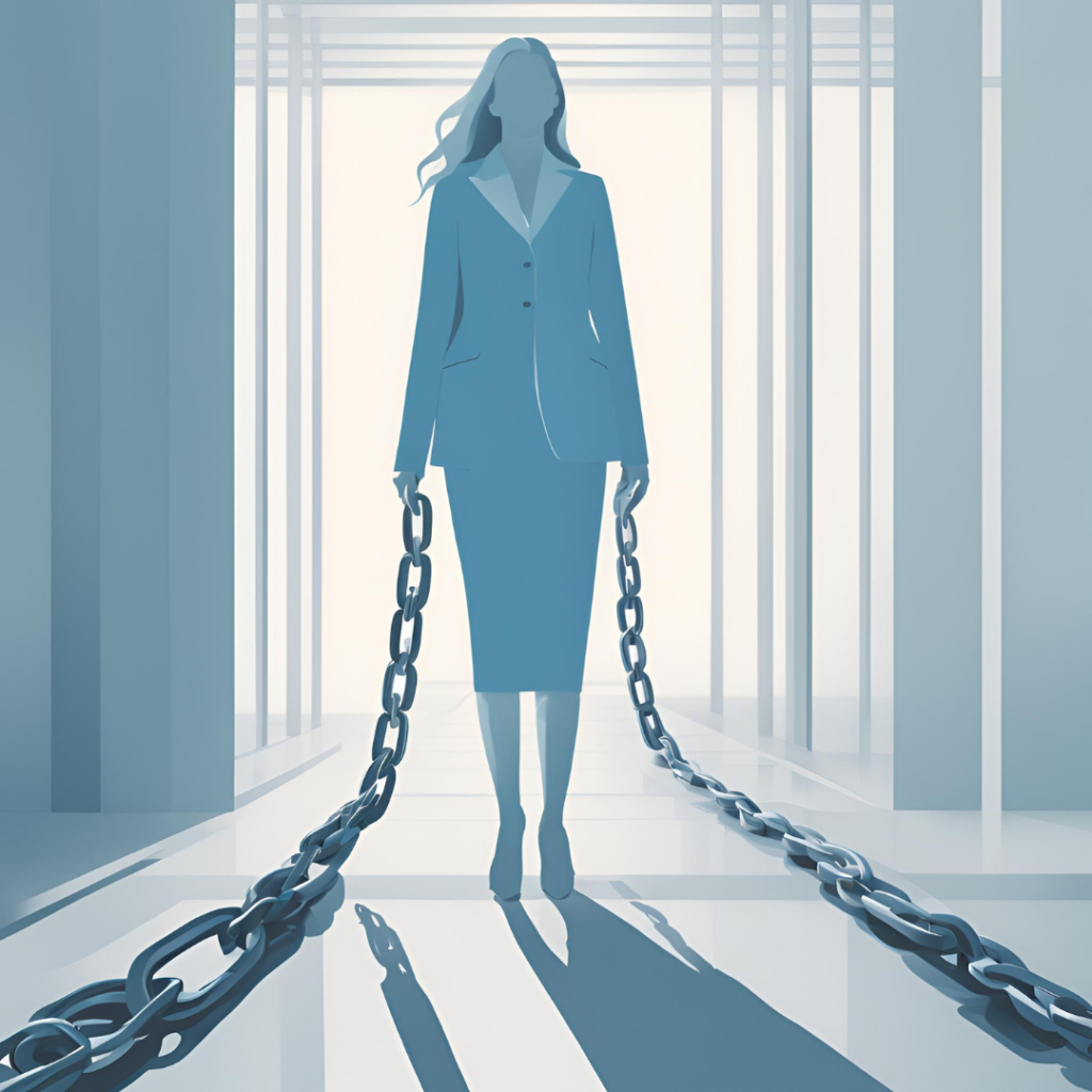 La imagen muestra una figura femenina en un entorno corporativo minimalista, vestida con un traje de negocios. Ella sostiene grandes cadenas que se arrastran por el suelo. La escena transmite una sensación de carga o restricción, posiblemente simbolizando las limitaciones y desafíos dentro del mundo empresarial. El fondo es claro y geométrico, acentuando la silueta de la mujer y las cadenas que lleva.