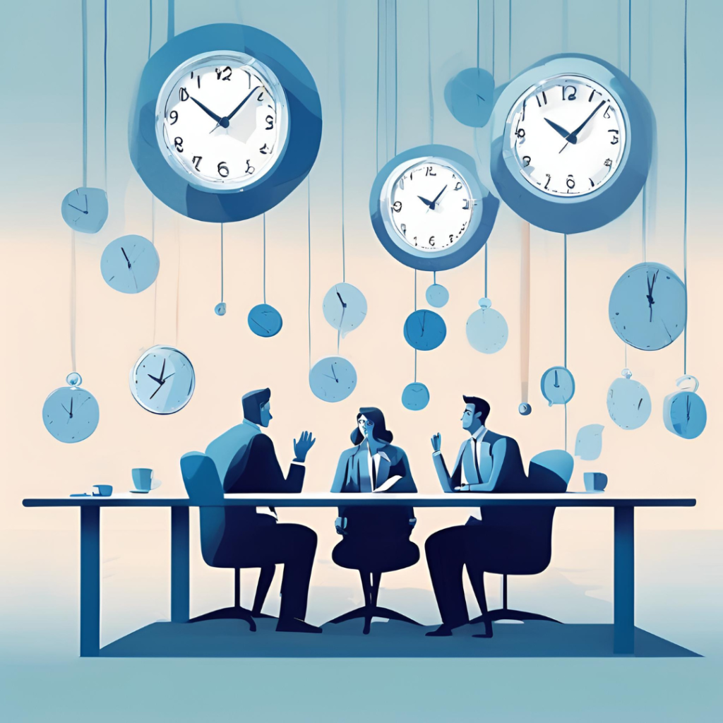 La imagen muestra a tres personas sentadas alrededor de una mesa de reuniones, en un entorno corporativo. Sobre ellos, numerosos relojes cuelgan del techo, todos mostrando diferentes horas. La escena sugiere una discusión sobre el manejo del tiempo en el ámbito laboral, simbolizando la presión del tiempo y la necesidad de sincronización en un entorno profesional. Los colores predominantes son tonos de azul y blanco, creando una atmósfera de seriedad y reflexión.