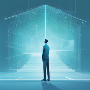 La imagen muestra a una persona de pie, mirando hacia una estructura futurista en forma de pirámide o templo, construida con líneas luminosas y transparentes que parecen estar hechas de luz o energía digital. El entorno es azul y minimalista, simbolizando innovación y transformación digital.