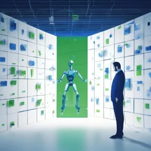 Ilustración digital que muestra a una figura humana observando un robot en un entorno futurista con pantallas llenas de información. El diseño utiliza tonos blancos, verdes y azules, simbolizando tecnología, datos e interacción entre humanos y máquinas.