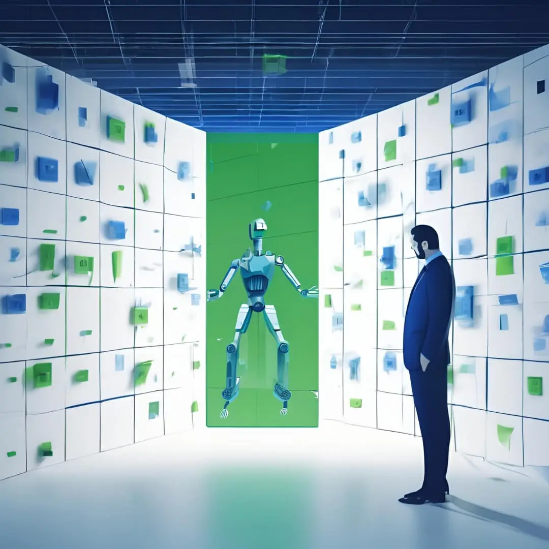 Ilustración digital que muestra a una figura humana observando un robot en un entorno futurista con pantallas llenas de información. El diseño utiliza tonos blancos, verdes y azules, simbolizando tecnología, datos e interacción entre humanos y máquinas.