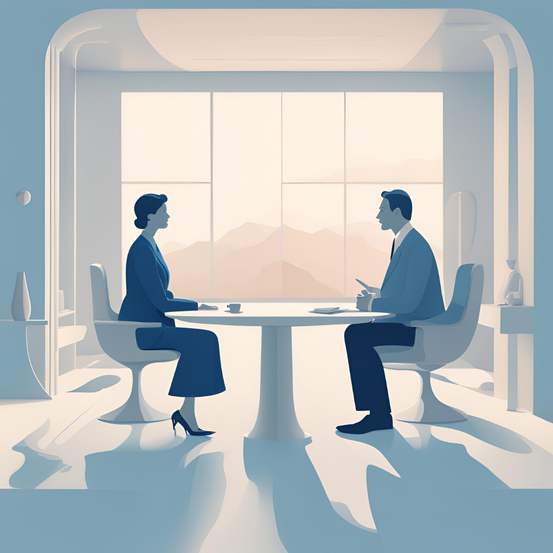 En la imagen, se observa a dos personas sentadas en una mesa redonda, frente a una gran ventana que deja entrar luz natural y revela un paisaje montañoso en tonos suaves. Ambos están vestidos de manera formal, indicando que están en una entrevista. El entorno es moderno y minimalista, con colores predominantes en tonos azules y suaves sombras que crean un ambiente tranquilo y profesional.