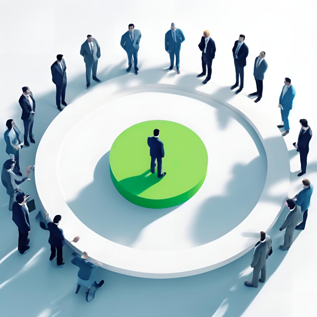 La imagen muestra una figura central, representada como un hombre de negocios de pie en una plataforma circular verde. Alrededor de él, en un círculo más amplio, hay varias figuras de personas, también vestidas de manera formal, observándolo. La escena sugiere una reunión o presentación, con la figura central siendo el foco de atención. La imagen utiliza un estilo minimalista y los colores predominantes son el verde, blanco y tonos de azul.