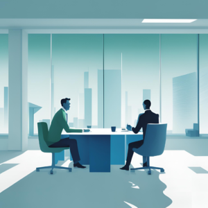 La imagen muestra a dos personas sentadas frente a frente en una gran mesa en un entorno de oficina moderno y luminoso. La escena es minimalista, con grandes ventanas que muestran un paisaje urbano de fondo. Las personas parecen estar en una conversación o reunión, con una de ellas vistiendo un traje verde y la otra un traje más oscuro. La paleta de colores es en tonos fríos, con predominancia de azules y verdes, lo que le da a la imagen una atmósfera serena y profesional.