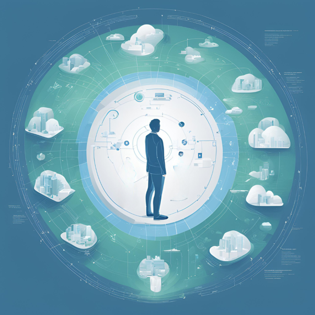 Ilustración futurista de una persona de pie en el centro de un círculo tecnológico, rodeado por nubes que contienen edificios y ciudades flotantes. El fondo es azul y verde, con líneas y elementos que sugieren conexiones digitales y redes globales, simbolizando la transformación digital centrada en el usuario.
