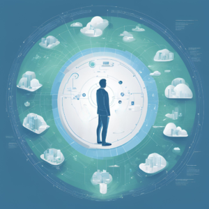 Ilustración futurista de una persona de pie en el centro de un círculo tecnológico, rodeado por nubes que contienen edificios y ciudades flotantes. El fondo es azul y verde, con líneas y elementos que sugieren conexiones digitales y redes globales, simbolizando la transformación digital centrada en el usuario.