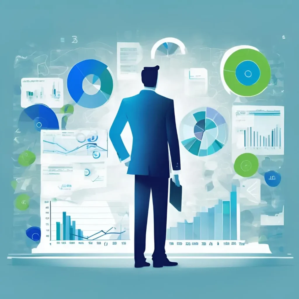 La imagen muestra a una figura de espaldas, que parece ser un hombre de negocios o analista, vistiendo un traje azul y sosteniendo una carpeta. Está observando una pantalla grande o un tablero que muestra varios gráficos y diagramas circulares, de barras y de líneas en tonos de azul y verde. Los gráficos y datos parecen representar análisis financieros, de rendimiento o de mercado. El fondo es claro, con una sensación moderna y tecnológica, lo que sugiere que la persona está en un entorno de alta tecnología o analítico, enfocada en la toma de decisiones basada en datos.