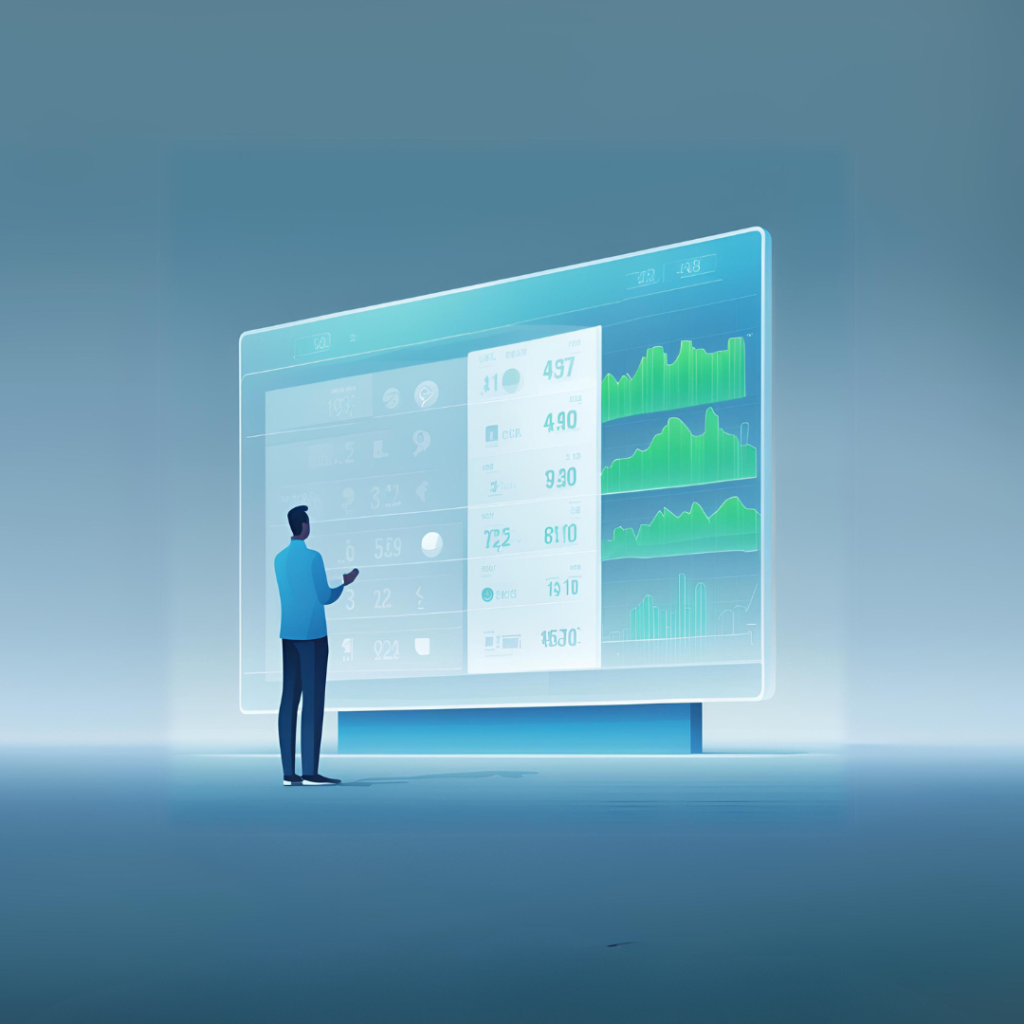 La imagen muestra a una persona de pie, observando una gran pantalla digital flotante que presenta gráficos y datos visualizados, como gráficos de barras y curvas. El entorno es futurista y minimalista, con un fondo en tonos azul claro y verde, resaltando el enfoque en tecnología y análisis de datos.