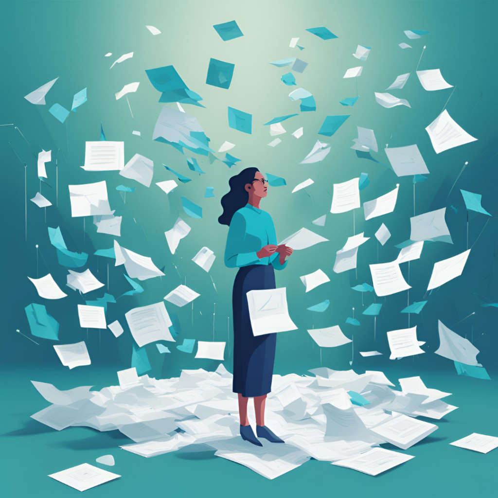 La imagen muestra a una mujer de pie, rodeada de múltiples hojas de papel flotando a su alrededor en un ambiente abstracto. La mujer parece concentrada mientras sostiene una de las hojas. El fondo es de tonos verde y azul, lo que crea una sensación de movimiento y caos controlado.