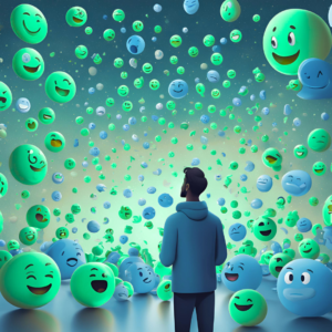 La imagen muestra a una persona de espaldas, observando una gran cantidad de emojis flotando en el aire. Los emojis varían en expresiones, desde sonrisas y risas hasta gestos más neutrales y sorprendidos. Los colores predominantes son verdes y azules, lo que crea una atmósfera vibrante y dinámica. La escena parece representar un mundo digital o una interacción social masiva, con un enfoque en la comunicación emocional a través de símbolos visuales. La persona está vestida con una sudadera con capucha, observando este espectáculo de expresiones en un ambiente abstracto.