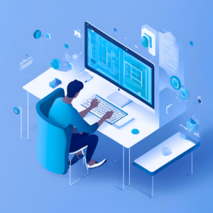 La imagen muestra a una persona trabajando en una computadora de escritorio en un entorno minimalista y tecnológico. Está sentado frente a una gran pantalla que muestra diseños o esquemas en tonos azules. Alrededor del escritorio flotan varios iconos y elementos digitales, lo que sugiere un entorno de desarrollo de software o diseño interactivo. El ambiente es futurista y está dominado por colores fríos, principalmente azules y blancos, lo que refuerza la sensación de tecnología avanzada.
