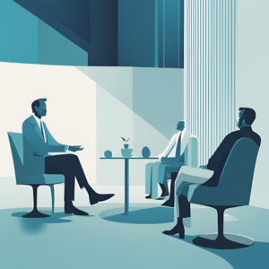 La imagen muestra a tres personas sentadas alrededor de una pequeña mesa en lo que parece ser una reunión o conversación formal. El entorno tiene un diseño minimalista y moderno, con tonos predominantes de azul. La iluminación crea sombras suaves, destacando la interacción entre los individuos. Sobre la mesa hay pequeños objetos, como una taza y una planta, lo que sugiere un ambiente tranquilo y profesional.