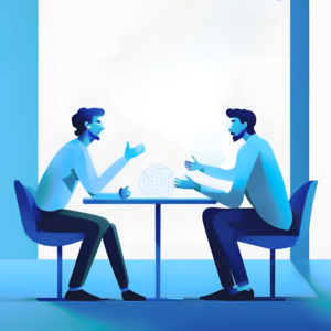 La imagen muestra a dos personas sentadas frente a frente en una mesa pequeña, interactuando de manera animada. Ambas parecen estar inmersas en una conversación o discusión, con gestos expresivos. El entorno está dominado por tonos de azul y blanco, lo que le da una apariencia moderna y abstracta. Hay un objeto transparente en el centro de la mesa, posiblemente un holograma o proyección, sugiriendo un tema de tecnología avanzada o innovación.