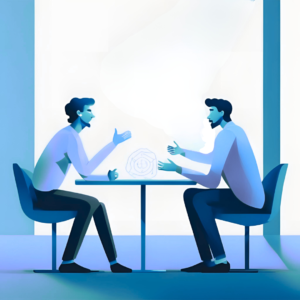 La imagen muestra a dos personas sentadas frente a frente en una mesa pequeña, interactuando de manera animada. Ambas parecen estar inmersas en una conversación o discusión, con gestos expresivos. El entorno está dominado por tonos de azul y blanco, lo que le da una apariencia moderna y abstracta. Hay un objeto transparente en el centro de la mesa, posiblemente un holograma o proyección, sugiriendo un tema de tecnología avanzada o innovación.