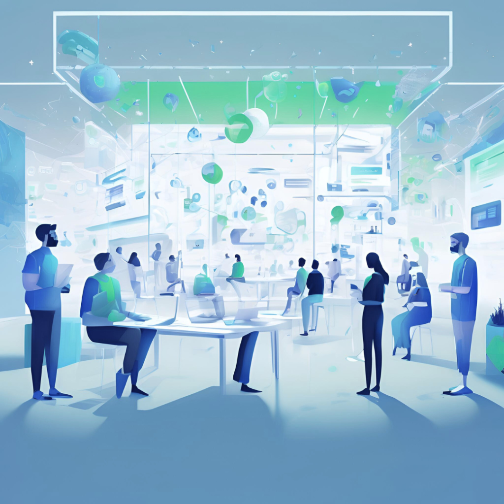 La imagen muestra un entorno colaborativo futurista donde varias personas interactúan en un espacio lleno de tecnología avanzada. Las personas están sentadas o de pie alrededor de mesas, trabajando con laptops y otros dispositivos tecnológicos. El ambiente está lleno de objetos y proyecciones flotantes, como esferas y pantallas holográficas, lo que sugiere un entorno digital inmersivo. Los tonos predominantes son el azul y el verde, reforzando la atmósfera tecnológica y moderna de la escena.