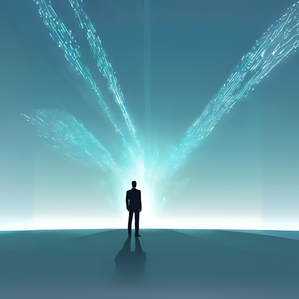 La imagen muestra la silueta de una persona de pie en el centro, mirando hacia un resplandor brillante en el horizonte, con haces de luz que se proyectan hacia el cielo en tonos azul y verde. La escena evoca una sensación de trascendencia, tecnología o innovación futurista.