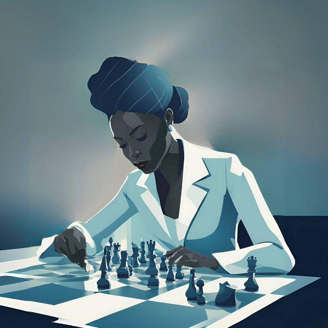 La imagen muestra a una mujer concentrada, vestida con un traje formal de color claro, jugando una partida de ajedrez. Está inclinada sobre el tablero, moviendo una de las piezas, en un entorno con tonos suaves de azul y gris. La escena transmite una sensación de enfoque y estrategia.