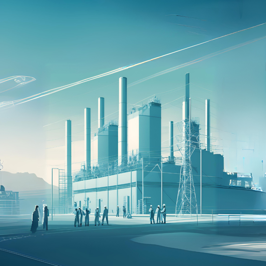 La imagen muestra una planta industrial futurista con varias chimeneas altas y estructuras modernas. En primer plano, varias personas, posiblemente ingenieros o trabajadores, interactúan mientras llevan cascos de seguridad. El entorno tiene un tono azul claro, con detalles de líneas de energía y un cielo despejado, lo que sugiere una escena de tecnología avanzada o energía industrial.
