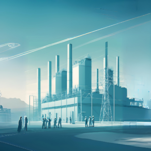 La imagen muestra una planta industrial futurista con varias chimeneas altas y estructuras modernas. En primer plano, varias personas, posiblemente ingenieros o trabajadores, interactúan mientras llevan cascos de seguridad. El entorno tiene un tono azul claro, con detalles de líneas de energía y un cielo despejado, lo que sugiere una escena de tecnología avanzada o energía industrial.