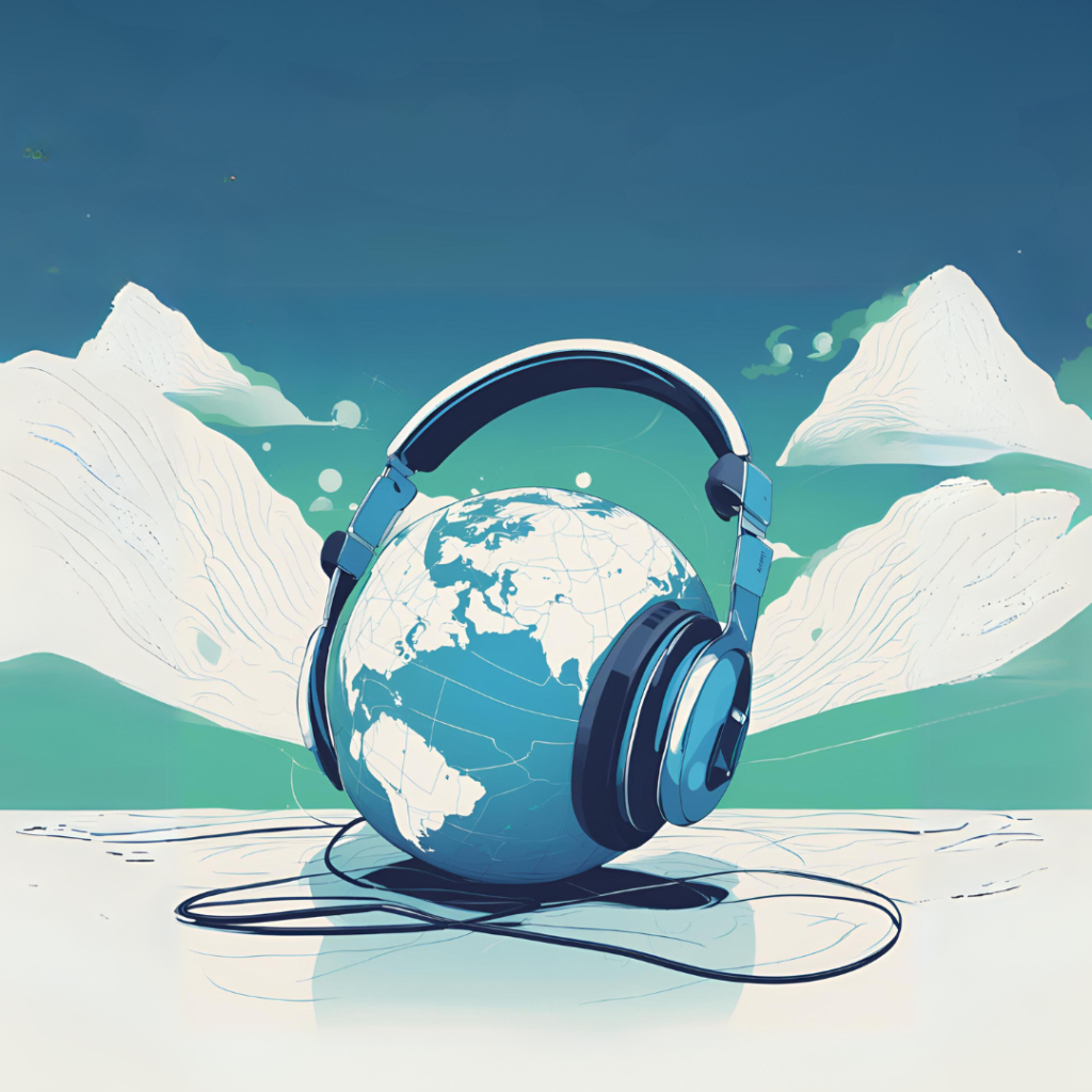 La imagen muestra un globo terráqueo con un par de auriculares puestos, simbolizando una conexión global a través de la música o el audio. El fondo presenta un paisaje abstracto con montañas blancas y un cielo azul claro, creando una sensación de armonía entre el mundo y la tecnología auditiva.