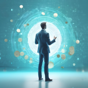 La imagen muestra a un hombre de espaldas, vestido con un traje, observando un portal digital o círculo luminoso en tonos azules y blancos. A su alrededor flotan monedas doradas, lo que sugiere un tema relacionado con la tecnología financiera o la economía digital. El entorno es futurista, con un ambiente tecnológico, y la luz proveniente del círculo central ilumina suavemente la figura del hombre. La escena evoca la sensación de una interacción con el mundo digital o un proceso de transacción financiera innovadora.