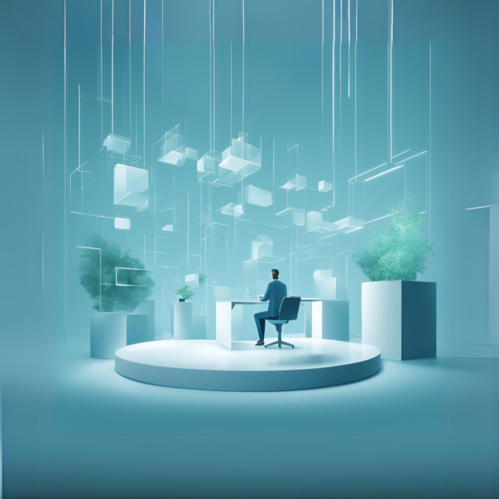 La imagen muestra a una persona sentada en un escritorio dentro de un espacio futurista, minimalista y tecnológico. El individuo está rodeado de cubos y estructuras geométricas flotantes en tonos transparentes y azules que cuelgan del techo, lo que sugiere un entorno digital o de datos. A los lados del escenario elevado donde se encuentra, hay plantas en grandes macetas, añadiendo un contraste natural al ambiente altamente tecnológico. La escena transmite una sensación de calma, innovación y conexión entre la naturaleza y la tecnología.