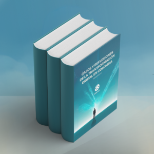 "Imagen de tres libros de tapa dura alineados verticalmente. El libro en primer plano tiene una portada en tonos azules con el título 'Transformación Digital en Colombia: Casos y reflexiones'. En la portada se ve la silueta de una persona de pie frente a una representación digital. El logotipo de 'Castor' está visible en la parte inferior.