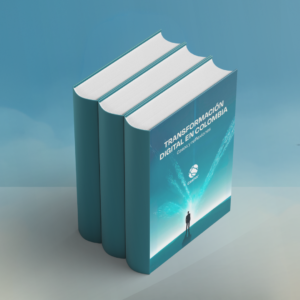 "Imagen de tres libros de tapa dura alineados verticalmente. El libro en primer plano tiene una portada en tonos azules con el título 'Transformación Digital en Colombia: Casos y reflexiones'. En la portada se ve la silueta de una persona de pie frente a una representación digital. El logotipo de 'Castor' está visible en la parte inferior.