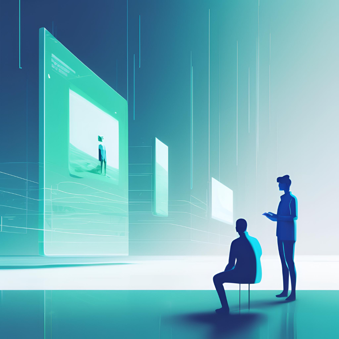 La imagen muestra a dos figuras humanas estilizadas en un entorno digital futurista, interactuando con grandes pantallas flotantes que exhiben diferentes contenidos visuales. La escena tiene una paleta de colores verdes y azules, con un ambiente minimalista y tecnológico.