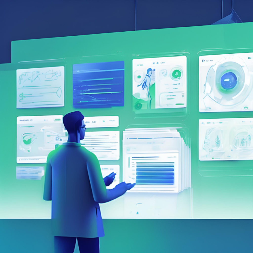 Una persona de espaldas, vestida con una bata de laboratorio, observa varias pantallas flotantes con gráficos y datos complejos en tonos verdes y azules. Las pantallas muestran interfaces digitales con información visual detallada. La escena sugiere un entorno de análisis avanzado o interacción con tecnología futurista.