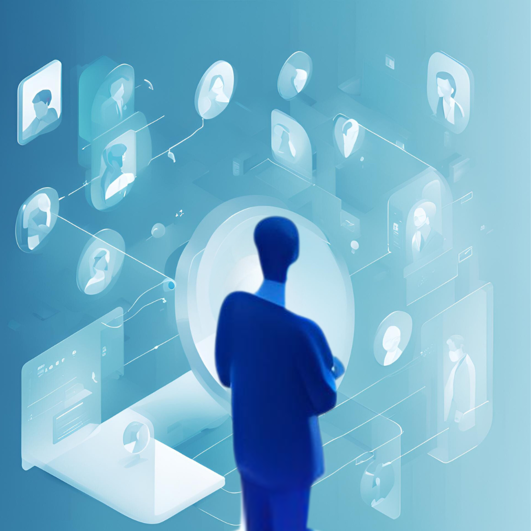 Persona observando un panel digital con perfiles conectados, representando una red social o sistema colaborativo. El diseño utiliza tonos azules y una estética futurista, simbolizando interacción virtual y tecnología avanzada.