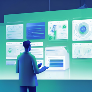 Una persona de espaldas, vestida con una bata de laboratorio, observa varias pantallas flotantes con gráficos y datos complejos en tonos verdes y azules. Las pantallas muestran interfaces digitales con información visual detallada. La escena sugiere un entorno de análisis avanzado o interacción con tecnología futurista.