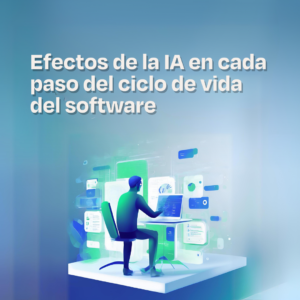 La imagen promociona un evento de "Castor Sin Filtro" titulado "Efectos de la IA en cada paso del ciclo de vida del software". Muestra a una figura en un entorno digital, interactuando con una pantalla repleta de gráficos y paneles, destacando el impacto de la inteligencia artificial en el desarrollo de software.