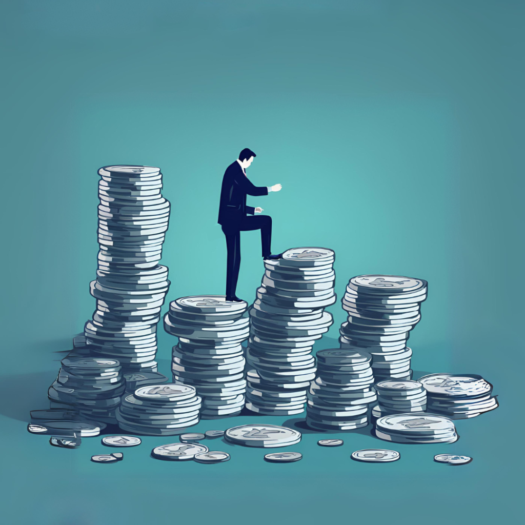 Un hombre con traje sube una pila de grandes monedas apiladas, avanzando de una columna de monedas a otra. El fondo es azul y las monedas están distribuidas en varios montones de diferentes alturas. La imagen simboliza el crecimiento económico o el progreso financiero.