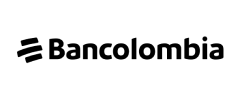 La imagen muestra el logotipo de Bancolombia, compuesto por el nombre de la empresa en letras negras y junto a un símbolo con tres líneas curvas inclinadas a la izquierda, en distintos tamaños. El diseño es simple y moderno, representando a una de las principales instituciones bancarias en Colombia.