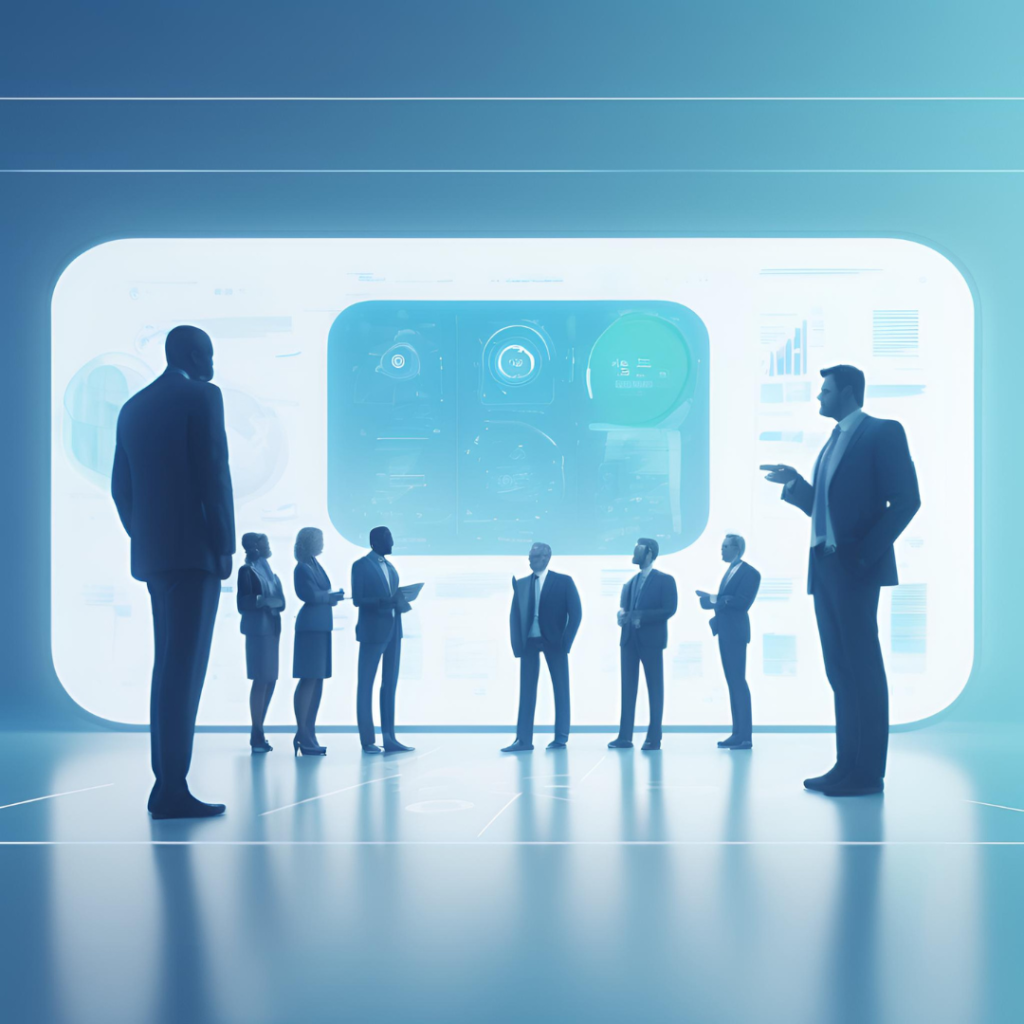La imagen muestra un grupo de personas de pie en una sala futurista, observando una gran pantalla digital con gráficos y datos visualizados. Los participantes, vestidos formalmente, parecen estar en una presentación o reunión de negocios de alta tecnología, resaltada por el tono azul y la iluminación.