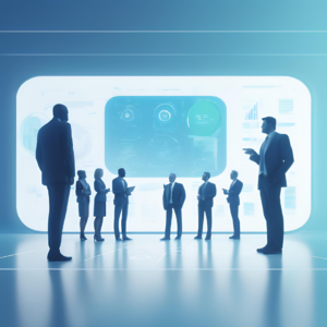 La imagen muestra un grupo de personas de pie en una sala futurista, observando una gran pantalla digital con gráficos y datos visualizados. Los participantes, vestidos formalmente, parecen estar en una presentación o reunión de negocios de alta tecnología, resaltada por el tono azul y la iluminación.