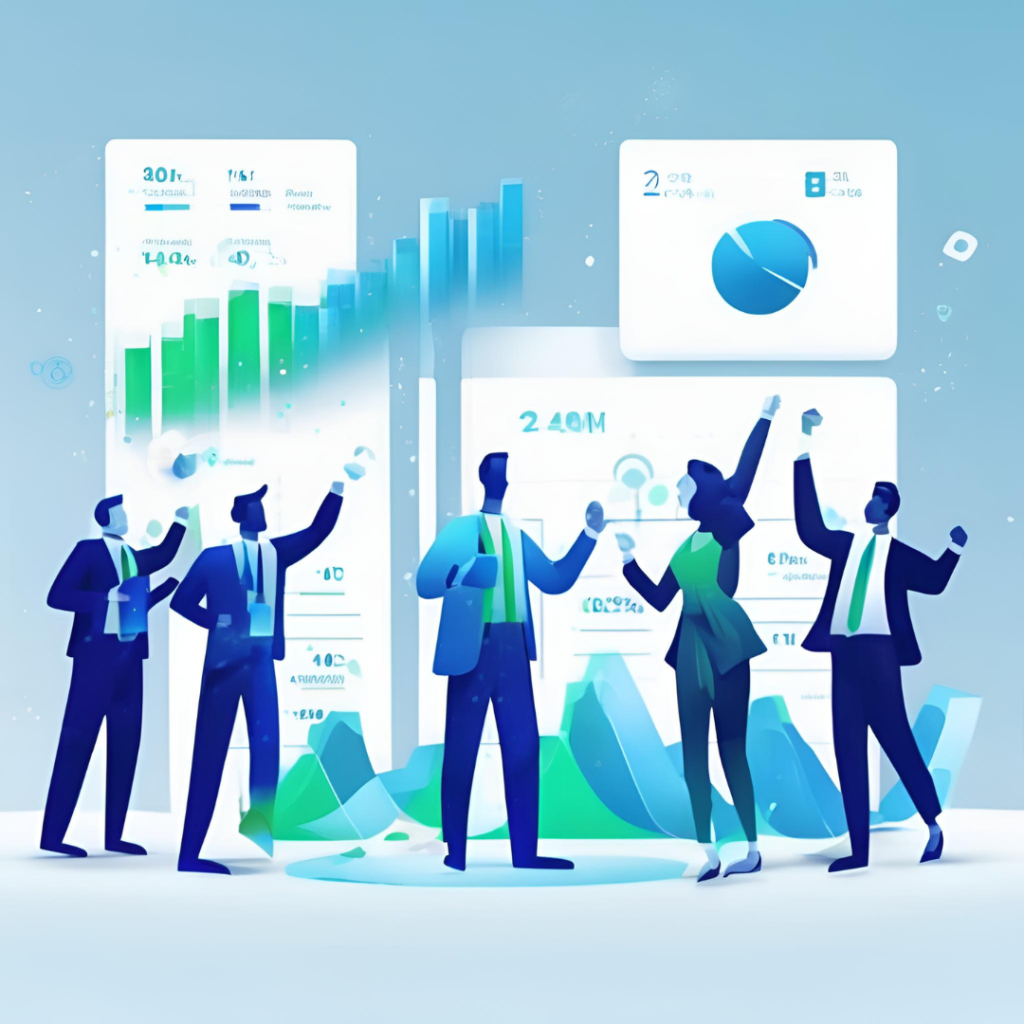 La imagen muestra una representación conceptual de un equipo celebrando logros frente a gráficos y estadísticas digitales, como barras y gráficos circulares, en un entorno moderno y minimalista que evoca innovación y éxito en análisis de datos.