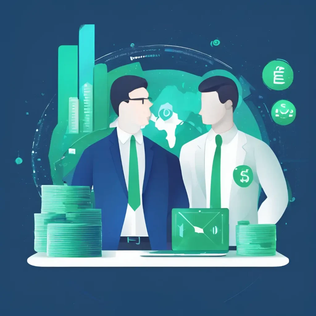 Ilustración de dos personas dialogando, una en traje y otra con bata de laboratorio. Sobre una mesa hay monedas y gráficos. De fondo, un globo terráqueo y elementos tecnológicos en tonos verdes y azules, simbolizando economía, tecnología y colaboración profesional.