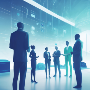Imagen de un grupo de personas en traje de negocios conversando en un entorno futurista y digital. Fondos de tonos azules con hologramas y elementos de interfaz gráfica flotando.