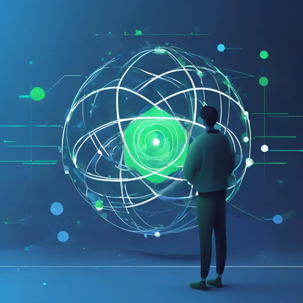 La imagen muestra a una persona de espaldas observando una representación futurista de un átomo gigante, con líneas brillantes y esferas orbitando un núcleo verde brillante. El fondo es azul oscuro con patrones tecnológicos en tonos verde y blanco, evocando un ambiente de innovación y ciencia avanzada.