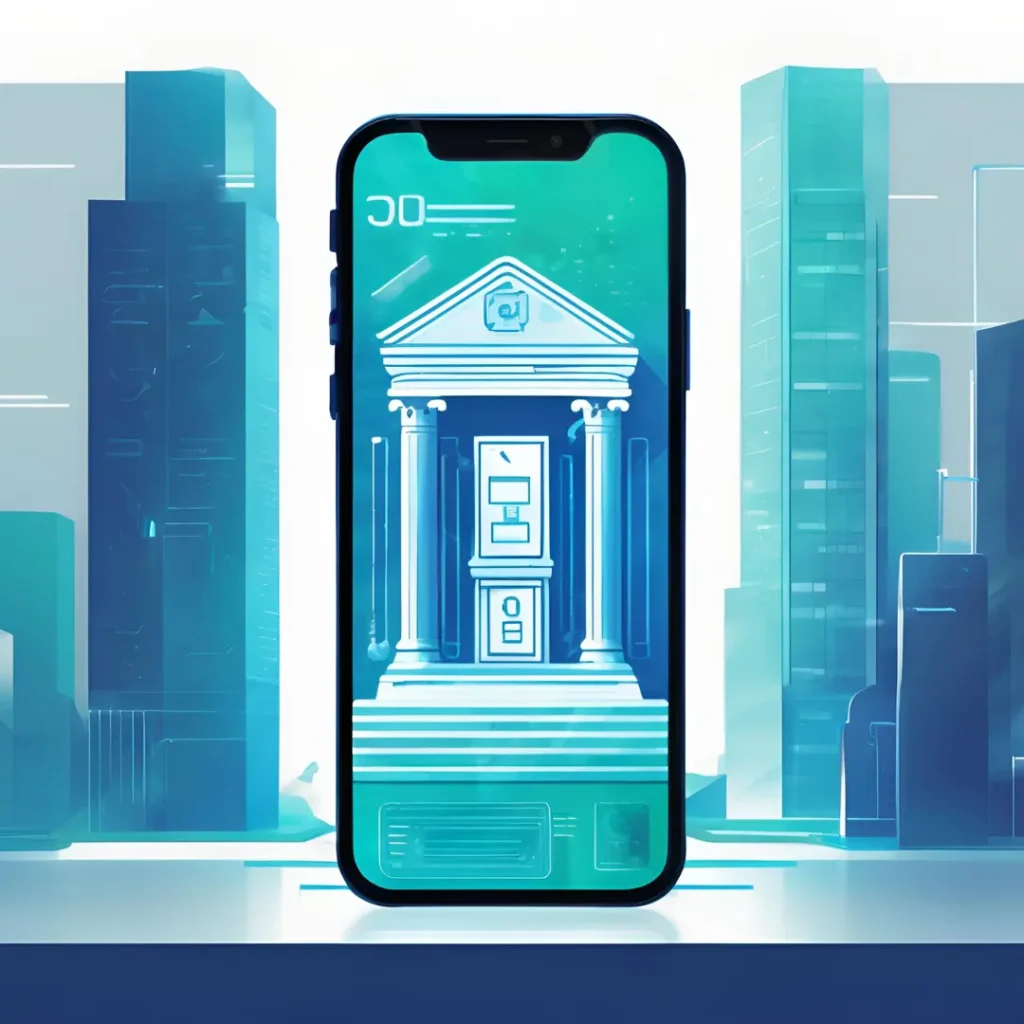 La imagen presenta un teléfono móvil en el centro mostrando una interfaz digital con la figura de un banco clásico, representado con columnas y un frontón, resaltando en tonos azul y verde. Al fondo, hay edificios modernos y estilizados, simbolizando la convergencia entre lo tradicional y lo digital.