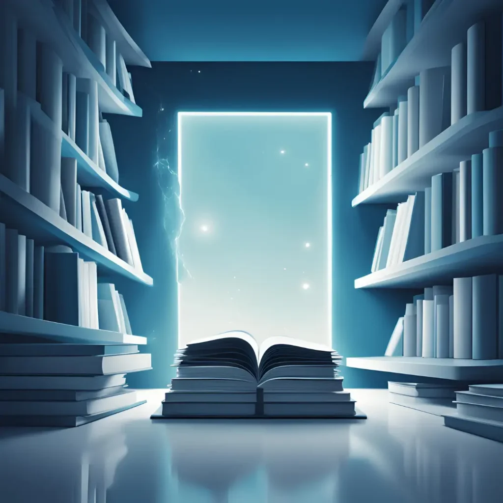 La imagen presenta un libro abierto en una biblioteca iluminada, con estanterías llenas de libros a los lados y una puerta brillante al fondo que emite destellos de luz, simbolizando el acceso al conocimiento y la imaginación.
