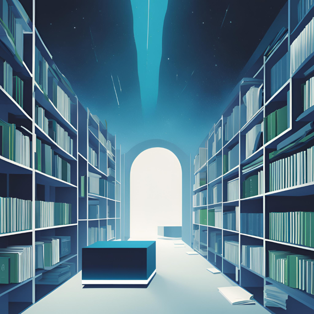 Pasillo de una biblioteca futurista iluminada con tonos azules, lleno de estanterías repletas de libros. Al fondo, un arco de luz brillante crea un ambiente etéreo. Elementos flotantes y un diseño minimalista realzan un entorno moderno y tecnológico.