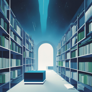 Pasillo de una biblioteca futurista iluminada con tonos azules, lleno de estanterías repletas de libros. Al fondo, un arco de luz brillante crea un ambiente etéreo. Elementos flotantes y un diseño minimalista realzan un entorno moderno y tecnológico.