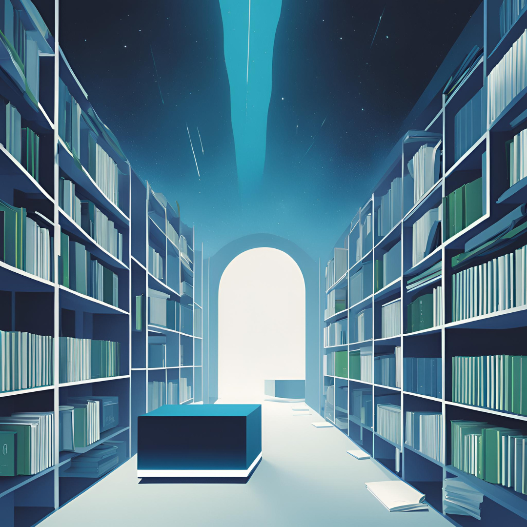 Pasillo de una biblioteca futurista iluminada con tonos azules, lleno de estanterías repletas de libros. Al fondo, un arco de luz brillante crea un ambiente etéreo. Elementos flotantes y un diseño minimalista realzan un entorno moderno y tecnológico.